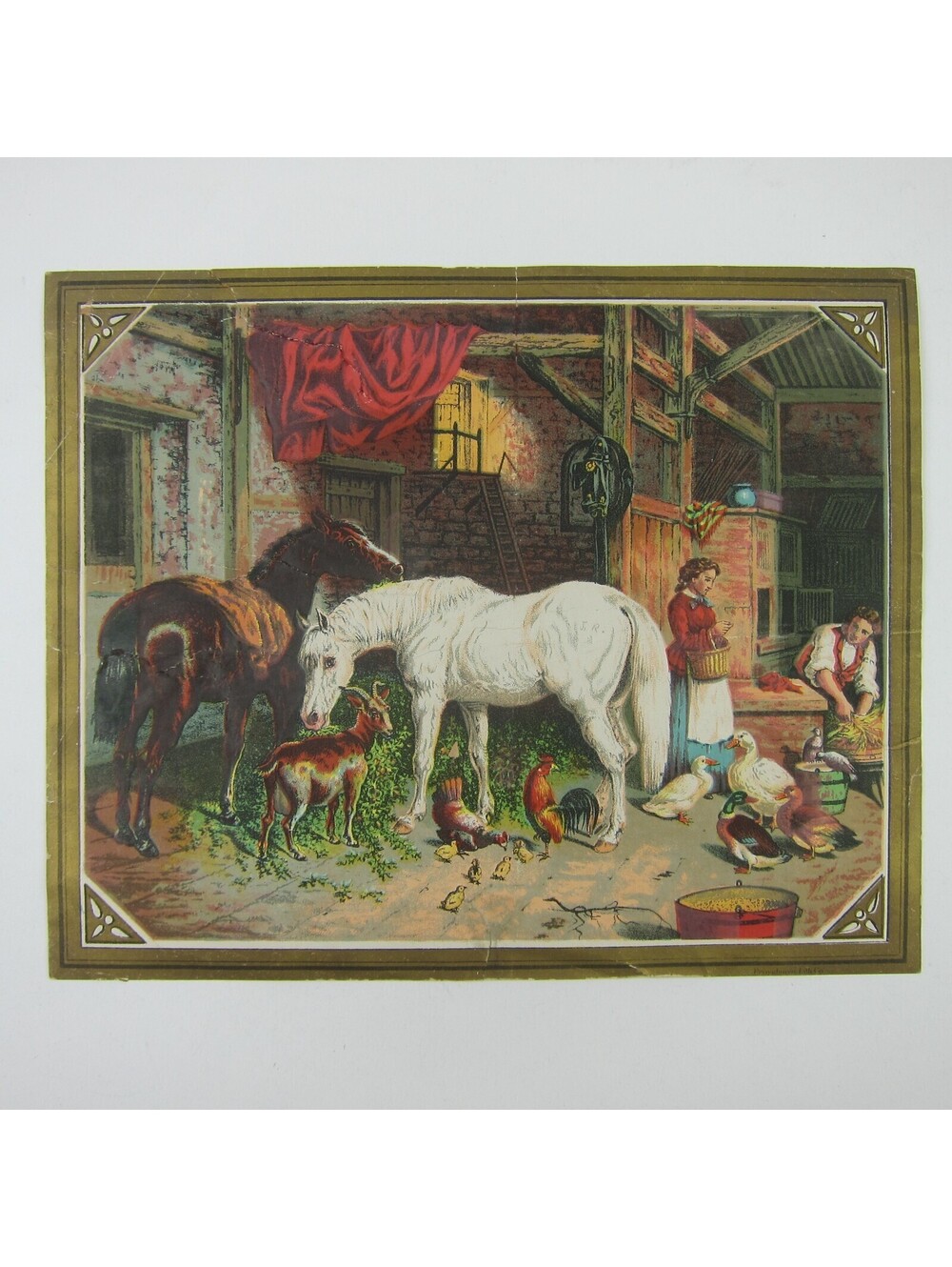 Antique Art Print Horses in Stable Farmer & Wife with Goat Chickens Ducks Barn